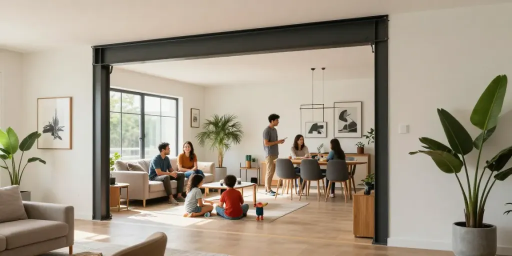 Een nieuwe open ruimte na het draagmuur laten verwijderen, gezinsleven met kinderen en moderne inrichting.