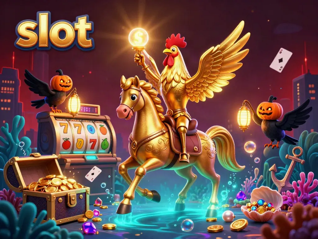 Experience thrilling slot action with a golden rooster at a vibrant casino, bursting with treasures.