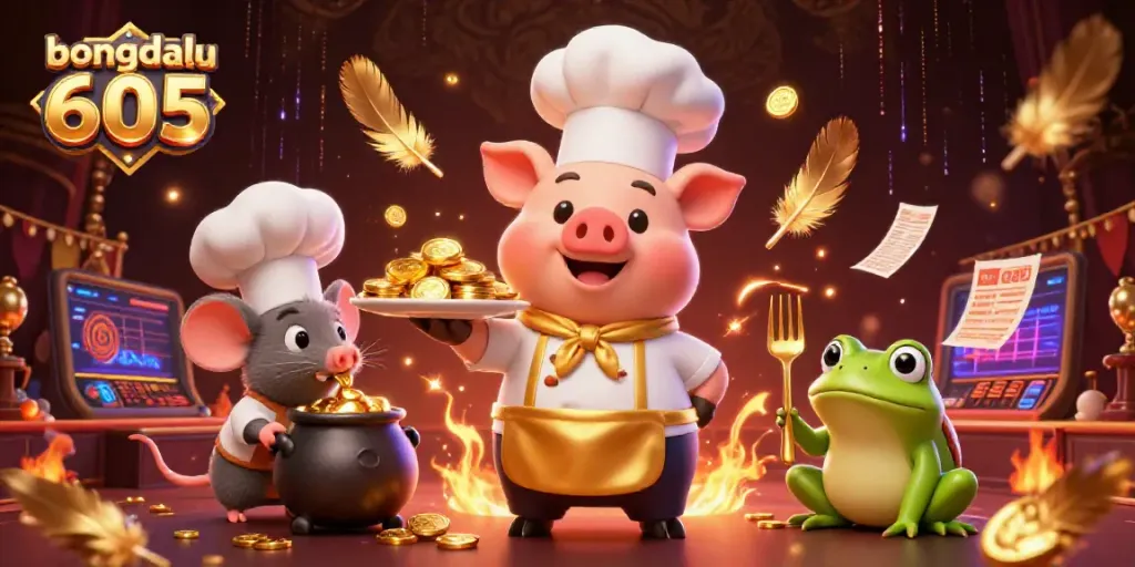 Check out this vibrant scene with bongdalu 605 where a chef pig presents gold coins amid a lively sports betting arena.
