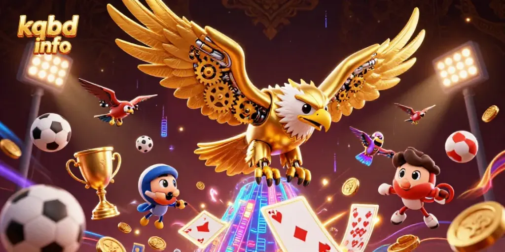 Engage with the latest kqbd info through a dynamic scene showcasing a cybernetic eagle among sports elements and betting slips.