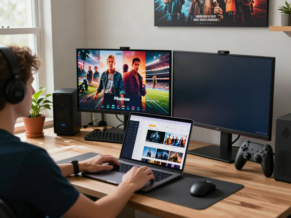 Enjoying Pikashow for PC in a vibrant home office with streaming elements and natural light.