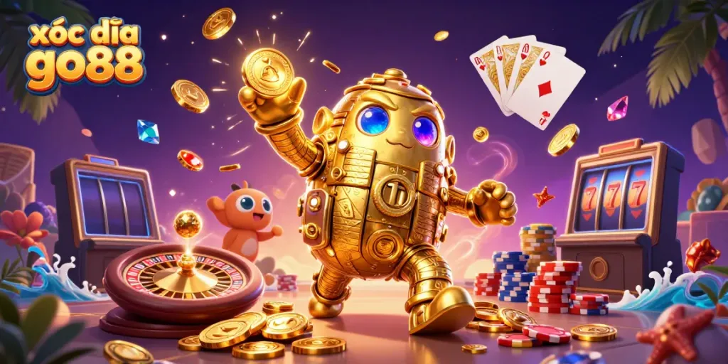 Experience the excitement of xóc đĩa go88 with an ancient golden golem amidst cascading coins and gaming elements.