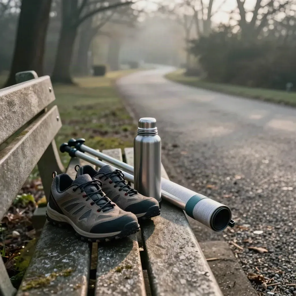 Wandelcoaching op een parkbank met wandelschoenen, stokken, thermos en routekoker bij een bospaadje.