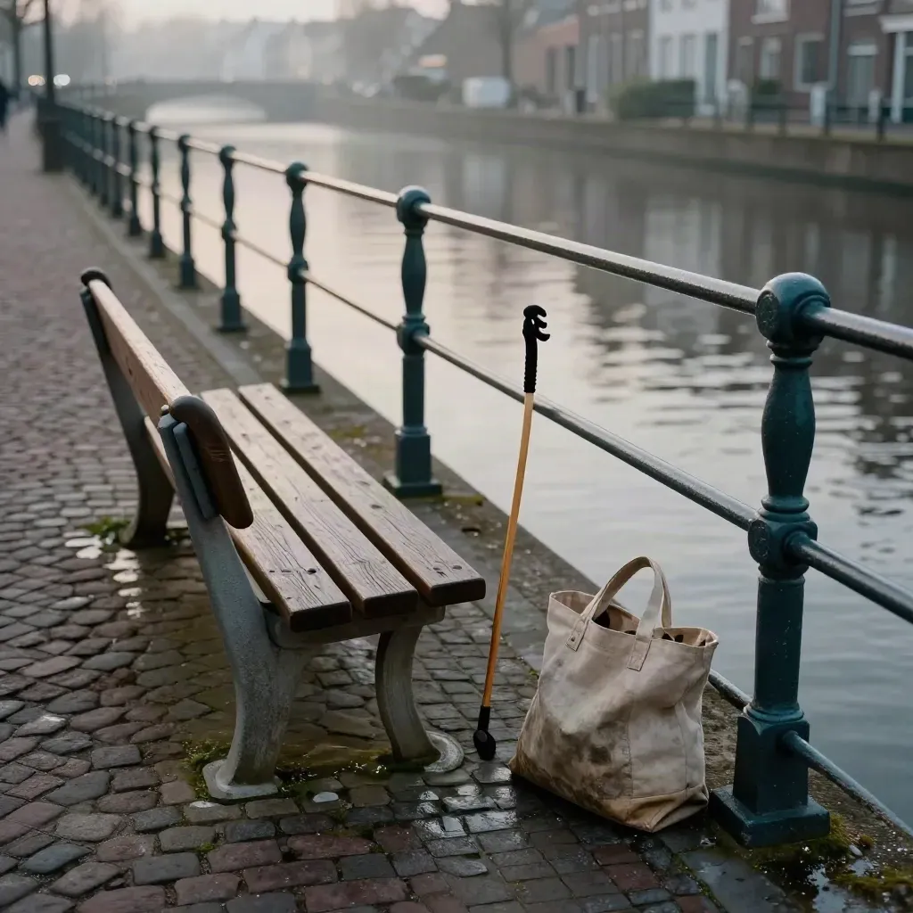 Leeg kanaalpad in Haarlem met bankjes, wandelstoksteun en tas bij de reling in ochtendmist.