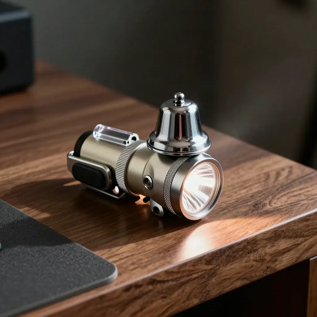 Fietskit met lamp, bel en houder op een walnootkleurige werkbank in dramatisch licht.