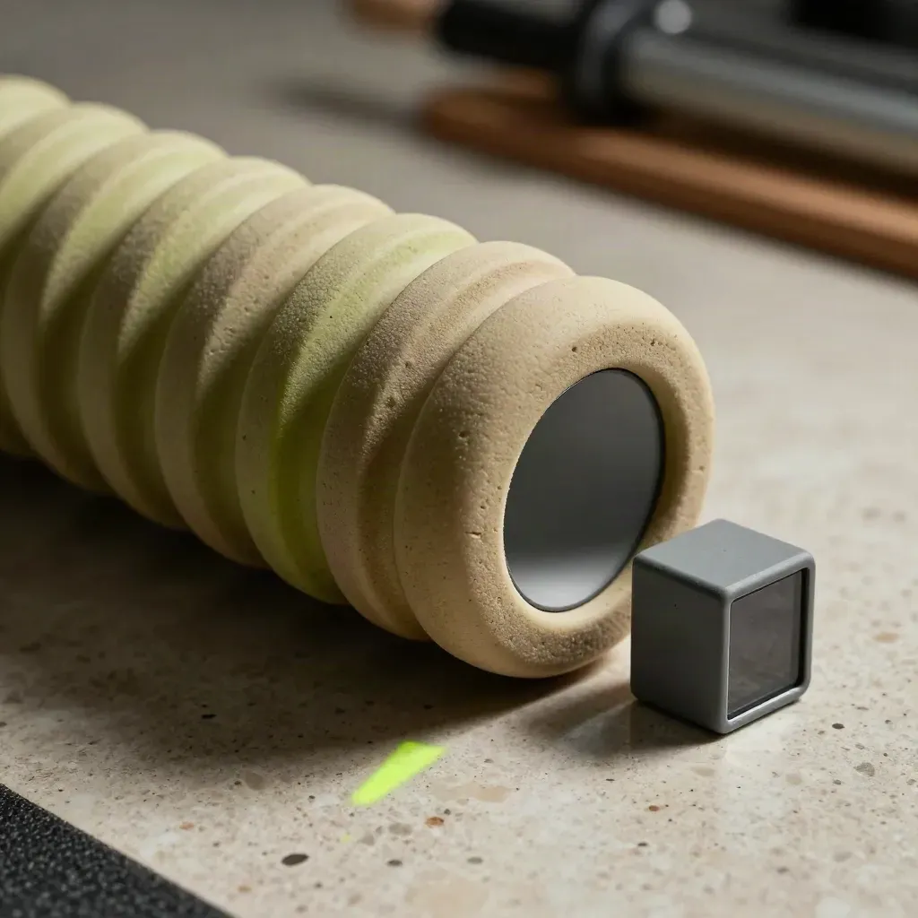 Macro van foamroller, lime weerstandslus en intervaltimer op travertin.