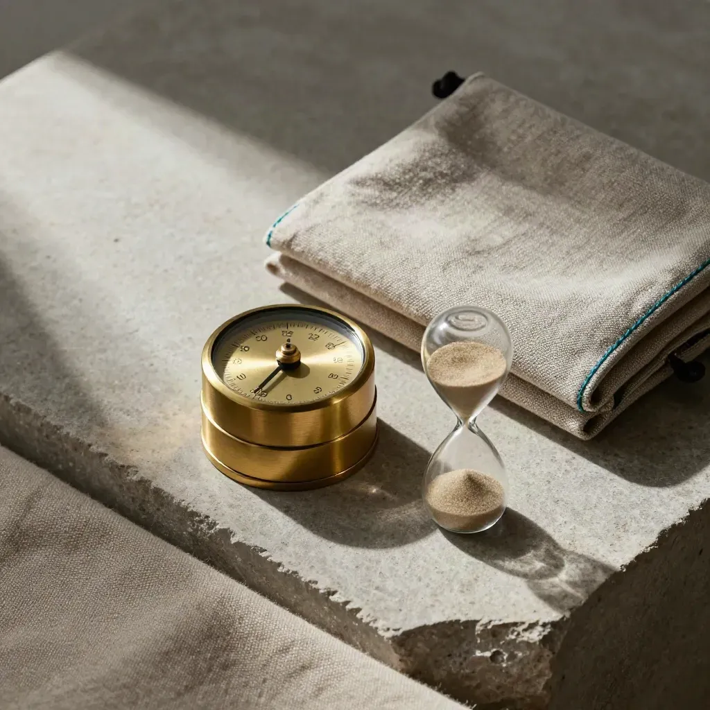 Brass timer, zandloper en routepouch op steen voor een kennismakingsmoment.