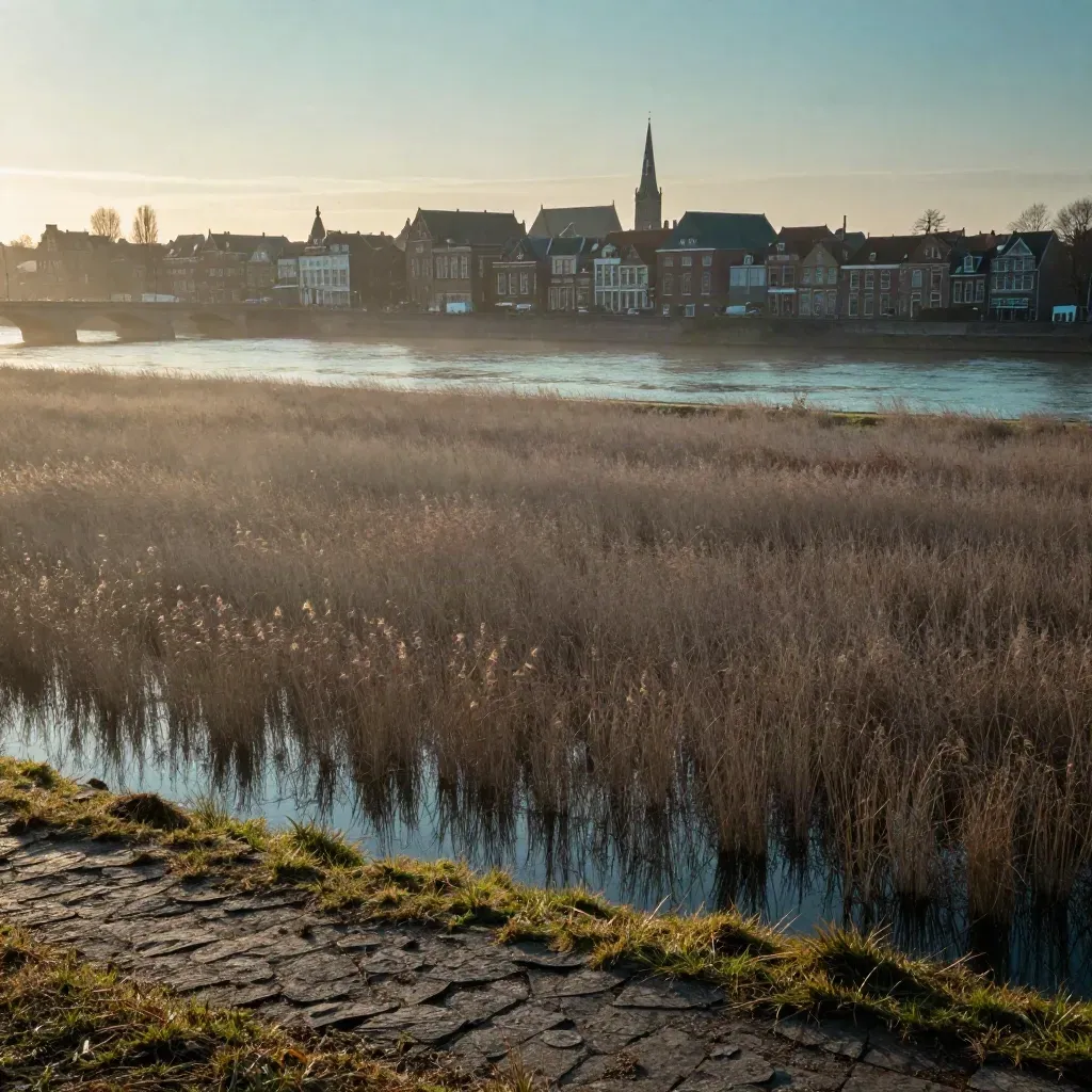 Utrechtse skyline boven een rustige rivierweide in avondmist.