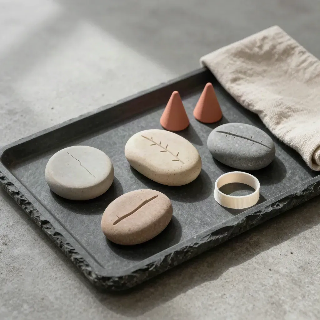 Stenen tray met route-tokens, elastiek en kleine markeerkegels in rustige studio-opstelling.