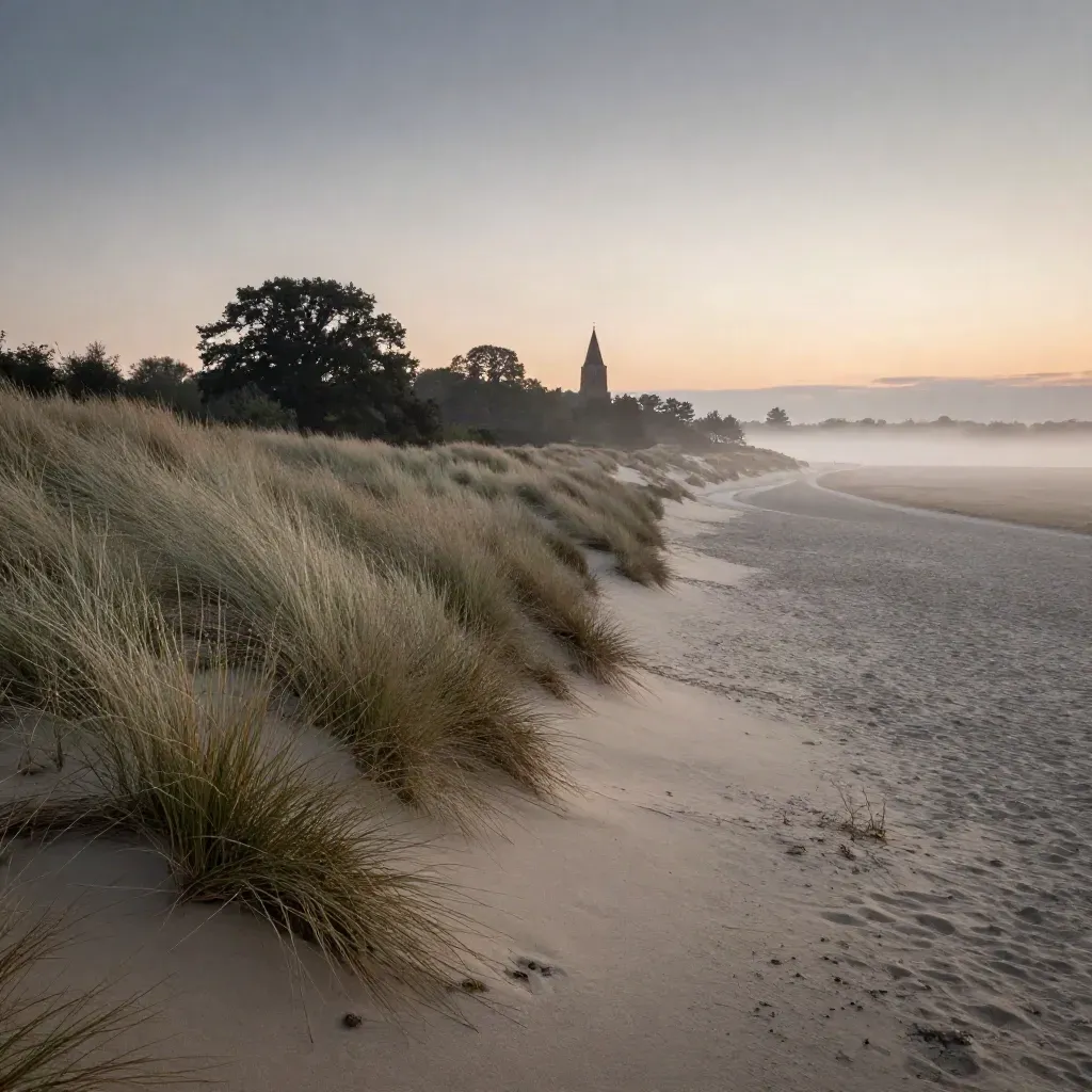 Mistig Haaglanden bij de duinen met kerktoren, bomen en open vlakke voorgrond voor tekst.