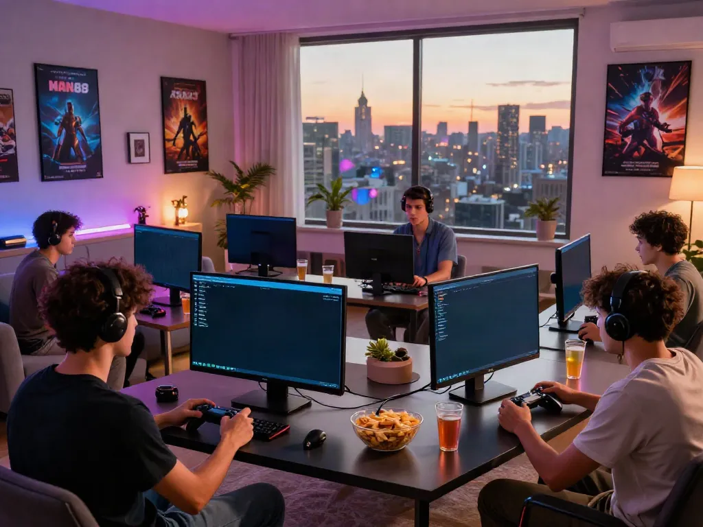 Friends enjoying MAN88 gaming experience in a lively living room, filled with excitement and colorful lighting.