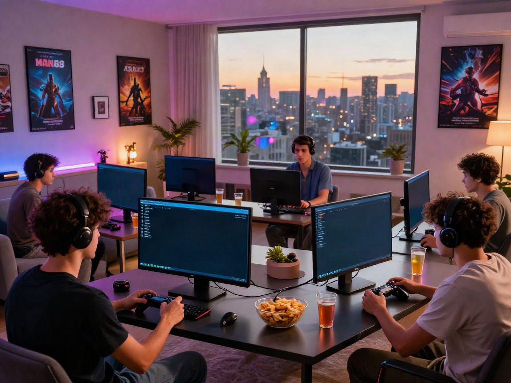 Friends enjoying MAN88 gaming experience in a lively living room, filled with excitement and colorful lighting.