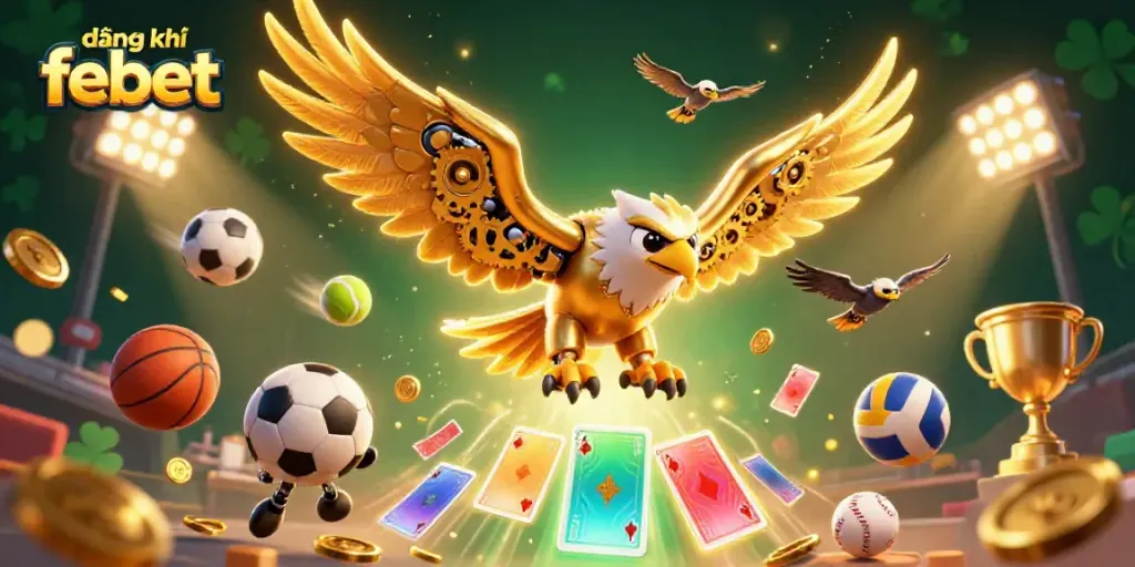 Engage in thrilling betting action with "đăng ký febet," featuring dynamic cybernetic eagle and sports elements.