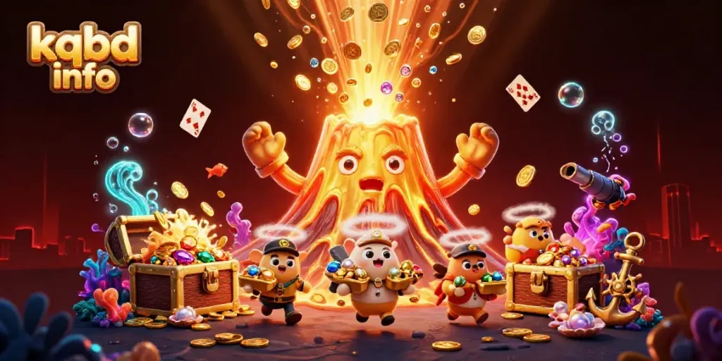 Engage with kqbd info through this vibrant 3D scene showcasing a triumphant volcano amid a treasure explosion.