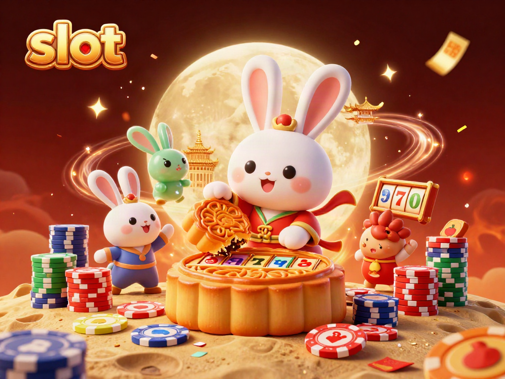 Experience thrilling slot action with iconic symbols and poker chips in this vibrant 3D scene.