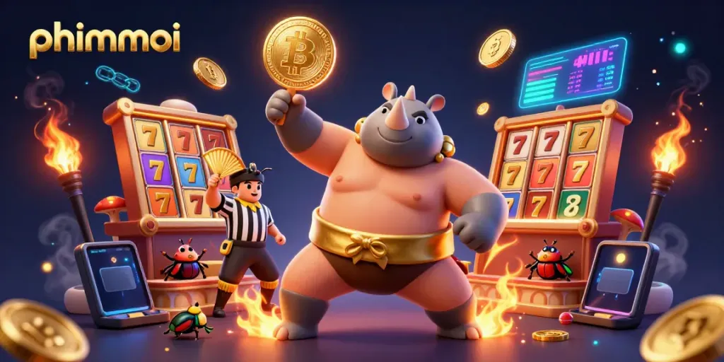 Phimmoi showcases a thrilling casino atmosphere featuring a sumo beetle champion amidst flying coins and dynamic slot reels.