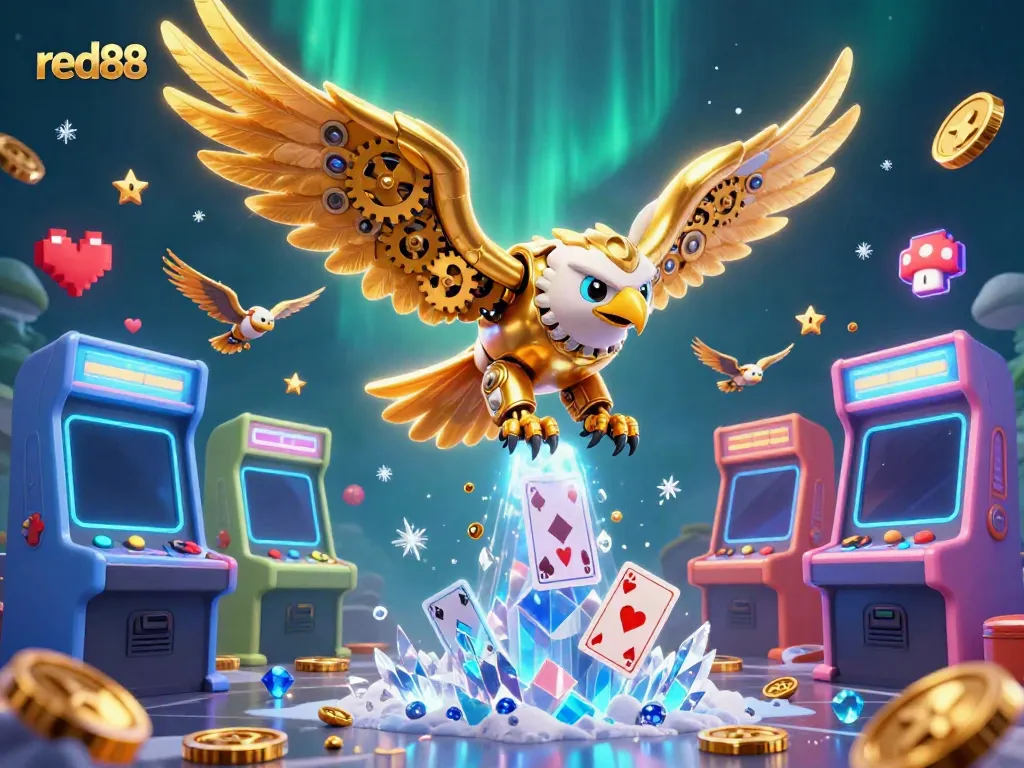 Experience the thrill of red88 with a cybernetic eagle soaring through vibrant casino elements and holographic cards.
