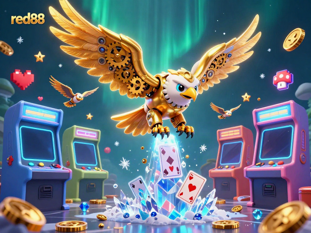 Experience the thrill of red88 with a cybernetic eagle soaring through vibrant casino elements and holographic cards.