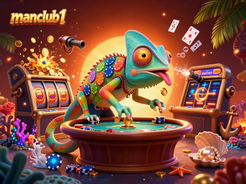 Engage in thrilling gaming at manclub1 with vivid 3D casino characters surrounded by gold coins and treasures.