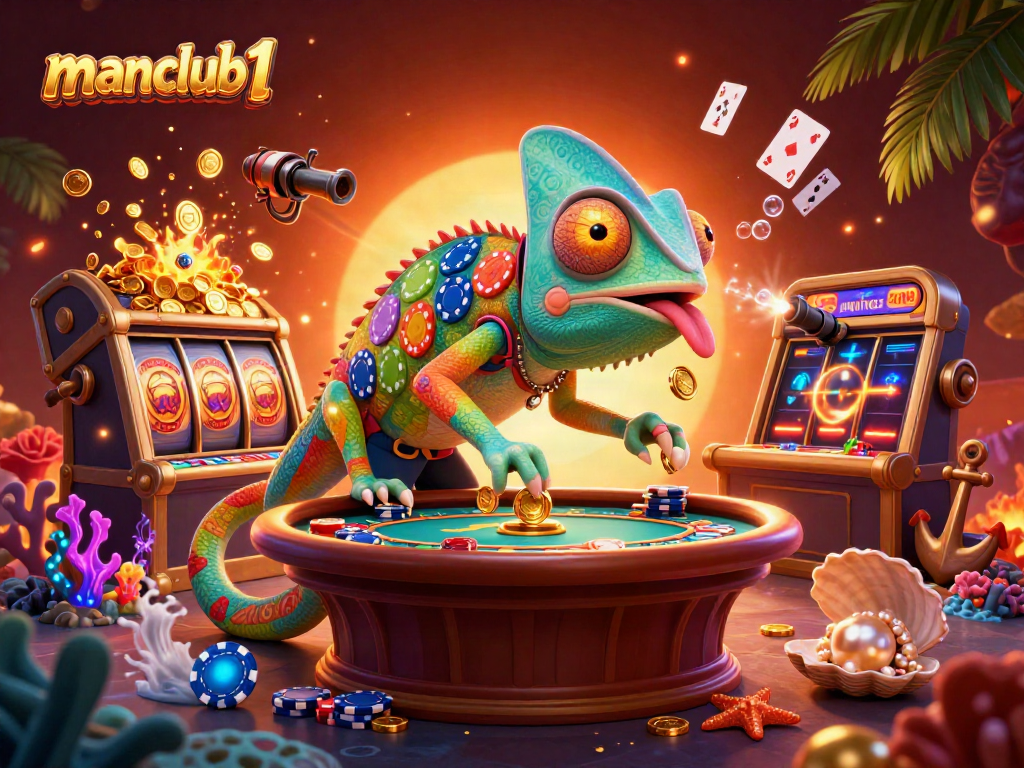 Engage in thrilling gaming at manclub1 with vivid 3D casino characters surrounded by gold coins and treasures.