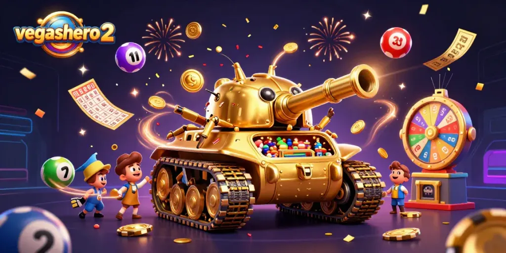 Engage with the vibrant world of vegashero 2, featuring a dynamic golden beetle tank casino surrounded by colorful lottery elements.