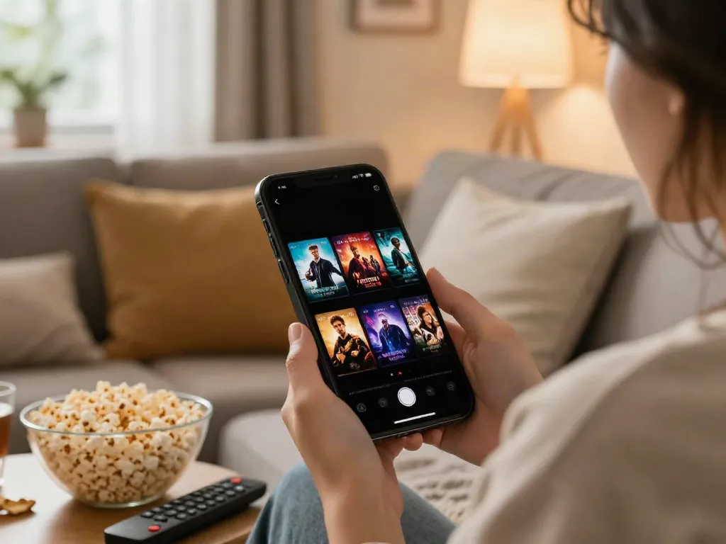 MovieBox Pro on iOS streaming on an iPhone in a cozy living room, showcasing vibrant movie content and a warm ambiance.