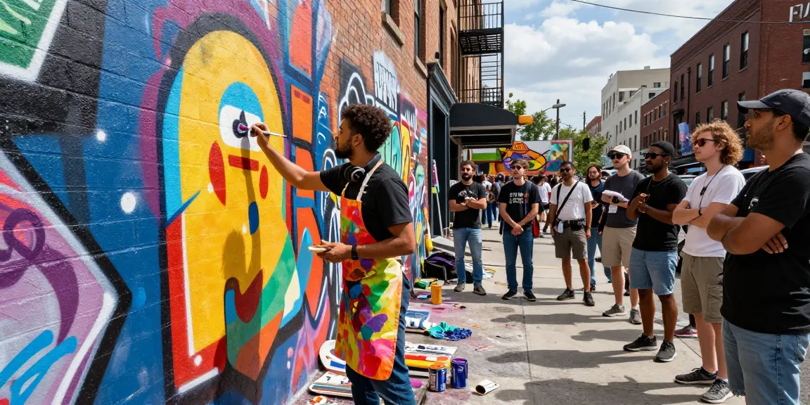 Vibrant street artist creating a mural for rokok88 within a lively urban environment.