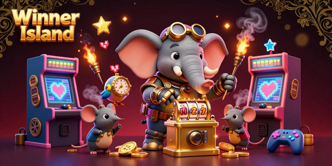 Experience the excitement of Winner Island with immersive steampunk characters and glowing casino elements.