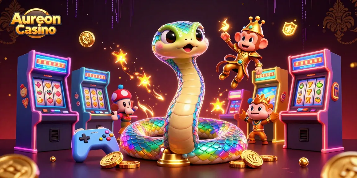 Aureon Casino features a vibrant scene with a rainbow serpent, monkey king, and playful retro gaming elements.