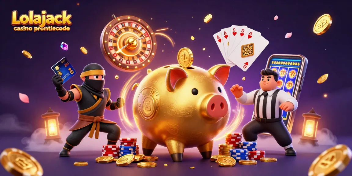 Engage with the Lolajack casino promotiecode scene featuring a sumo wrestler piggy bank and dynamic casino elements.