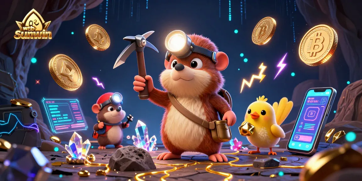 Engage in the excitement of web sunwin featuring a treasure hunter mole amidst glowing crypto rewards.